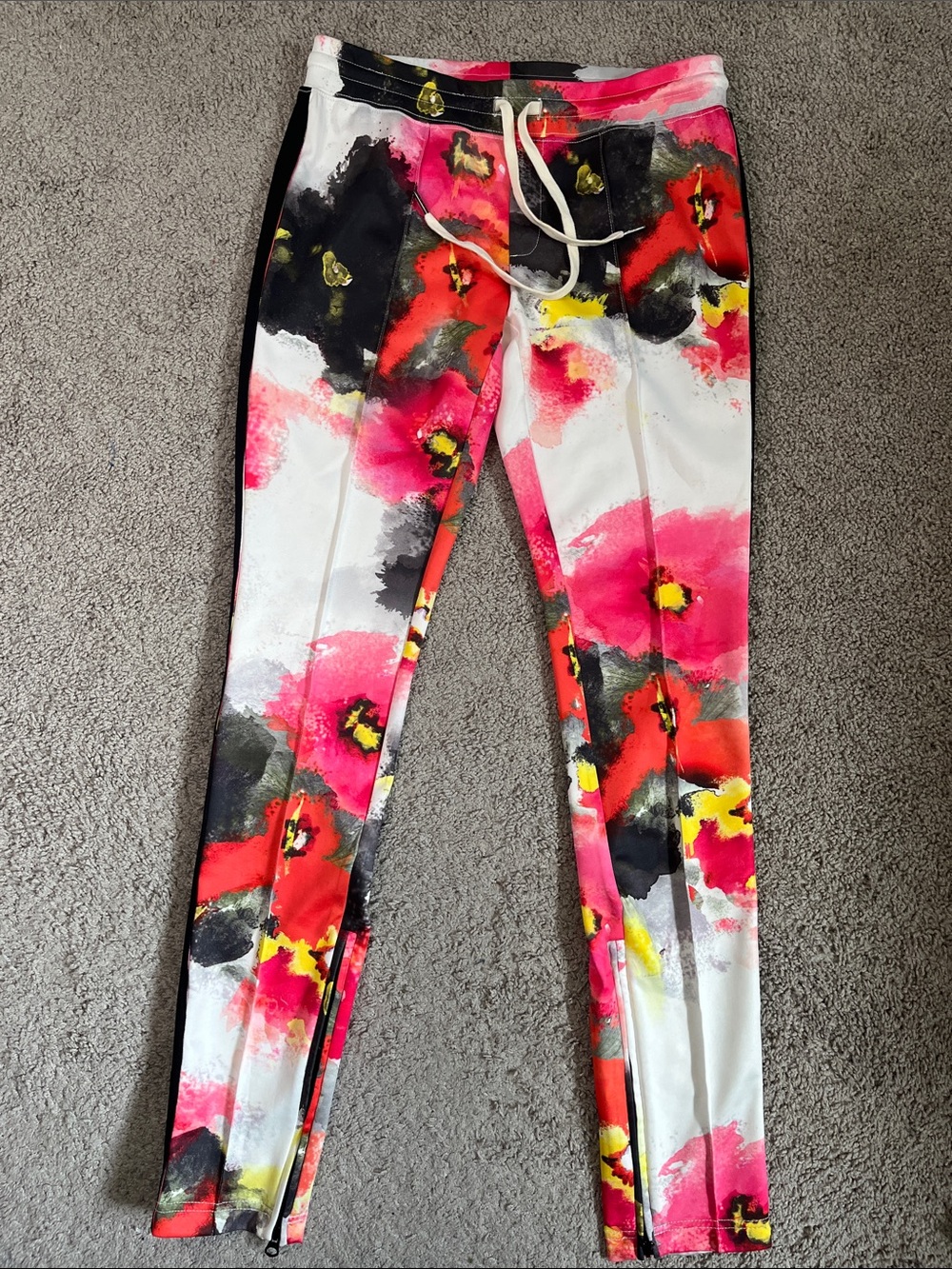 Pam & Gela Watercolor Floral Black Stripe Cigarette Track Pants Ankle Zip Small